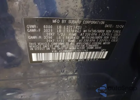 2025 Subaru Ascent Onyx Edition Limited 7-Passenger z USA, uszkodzony, nr VIN 4S4WMAWD1S3407742